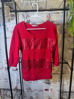 Maurices Red Sequin-Stripe Scoop Neck Sweatshirt